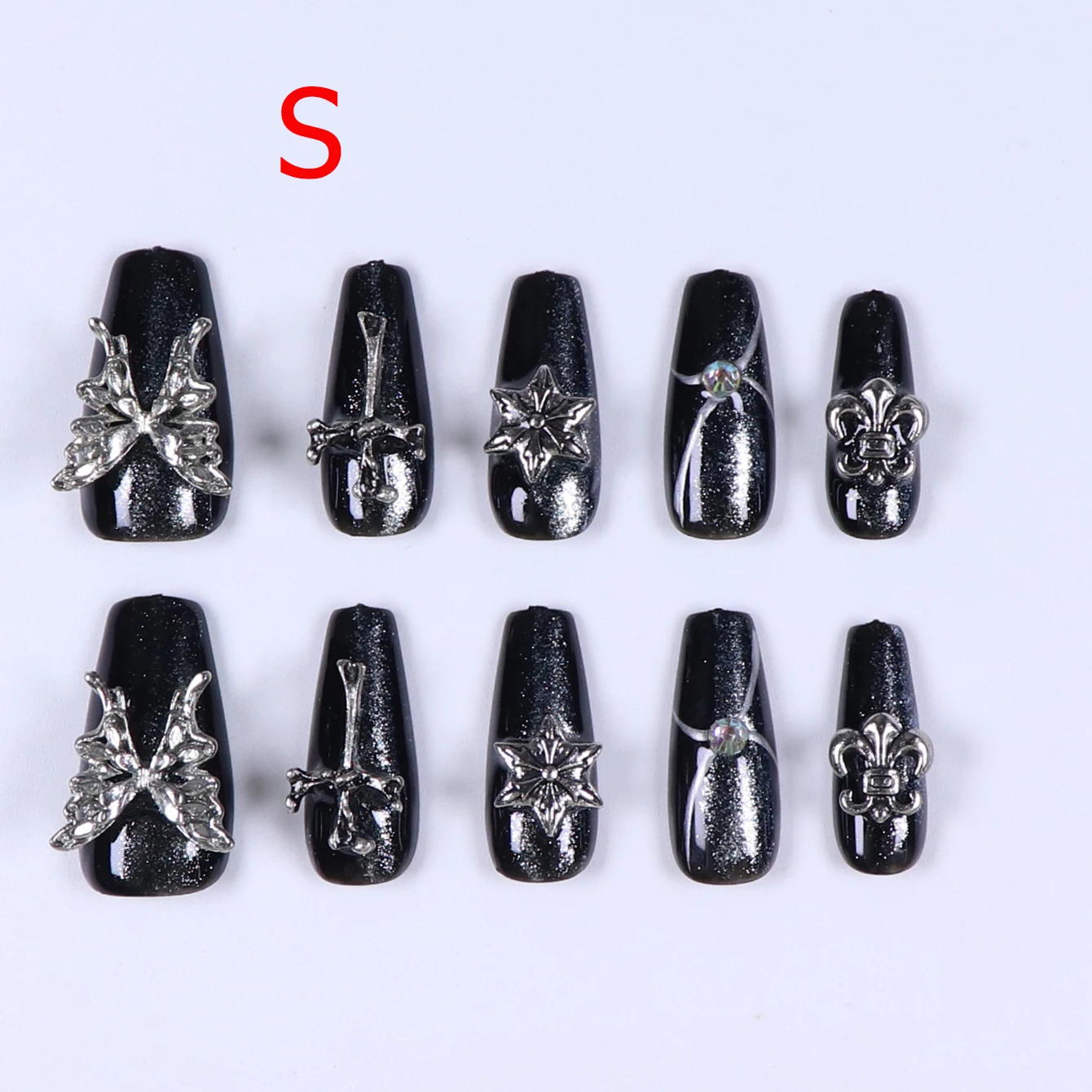 10 Stück wiederverwendbarer, glatter, langer Feiertagsnagel mit Press-Nagel, 3D-Schmetterlings-Design, Pressnagel, Nagel-Strass-Kunstnagel – Schwarz