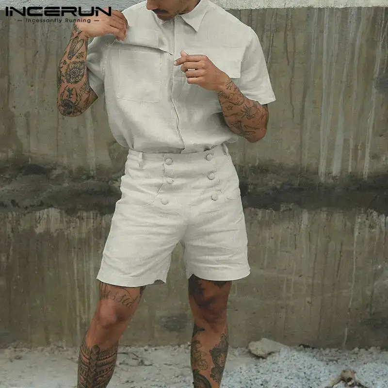 INCERUN Men Sets Solid Color Lapel Short Sleeve Shirt & High Waist Shorts 2PCS Summer Streetwear 2024 Fashion Men\'s Casual Suits