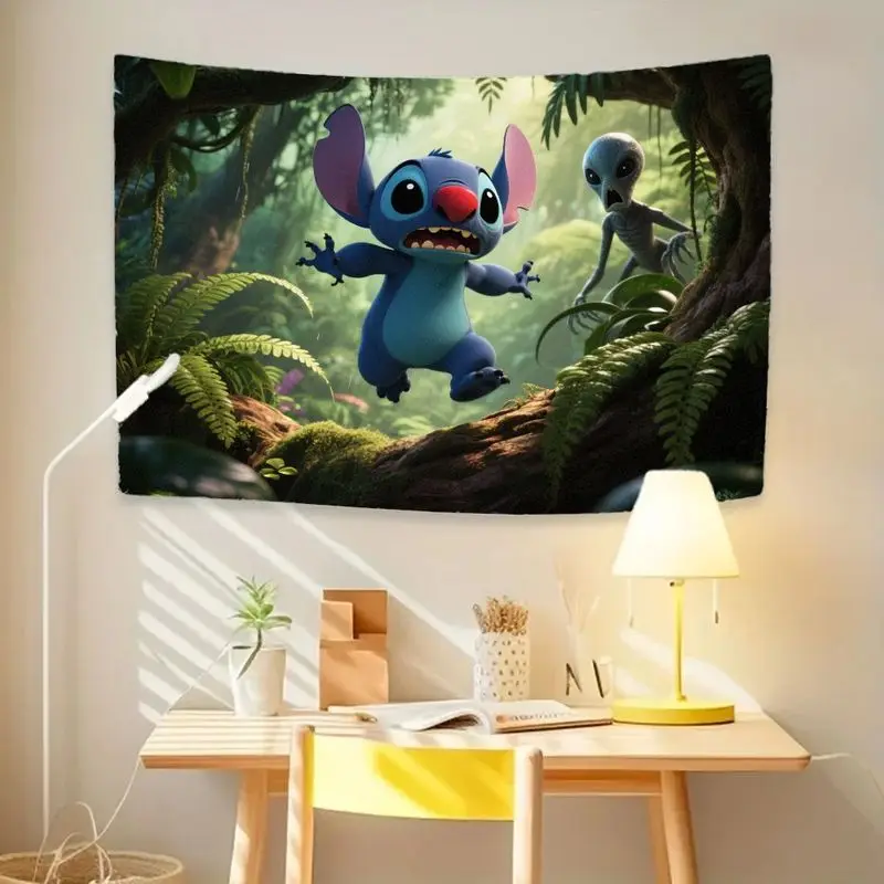 1PC 面白いディズニースティッチ&エイリアンエスケープジャングルタペストリー、漫画ポリエステルウォールアート、リビングルーム、寝室、寮の装飾用、かわいい衣類