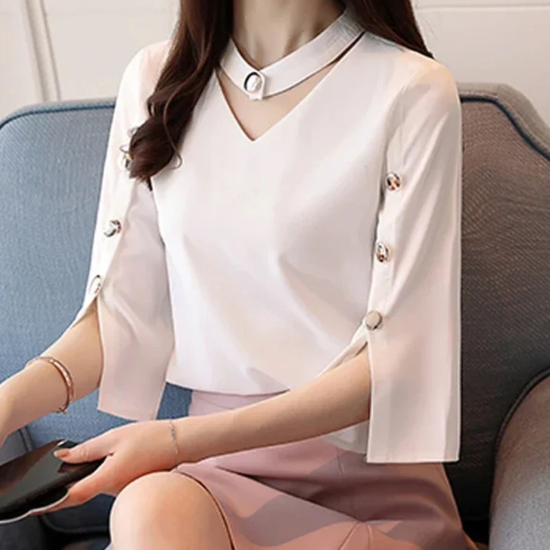 Summer Elegant White Women Blouse New Ladies Tops Casual Solid White Woman Clothes Three Quarter V-Neck 2994