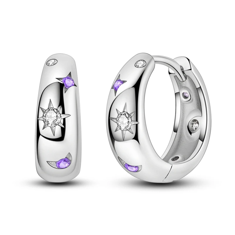 

925 Sterling Silver Sun Moon Stars Earrings Women Purple Zirconium Hoop Earring For Anniversary Wedding Jewelry Gifts