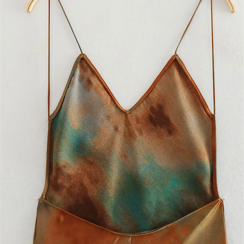 الحرير الساتان الملمس التعادل صبغ طباعة مثير فستان الرسن الصيف المرأة الجديدة ضئيلة أكمام الكاحل طول فستان فستان رسمي