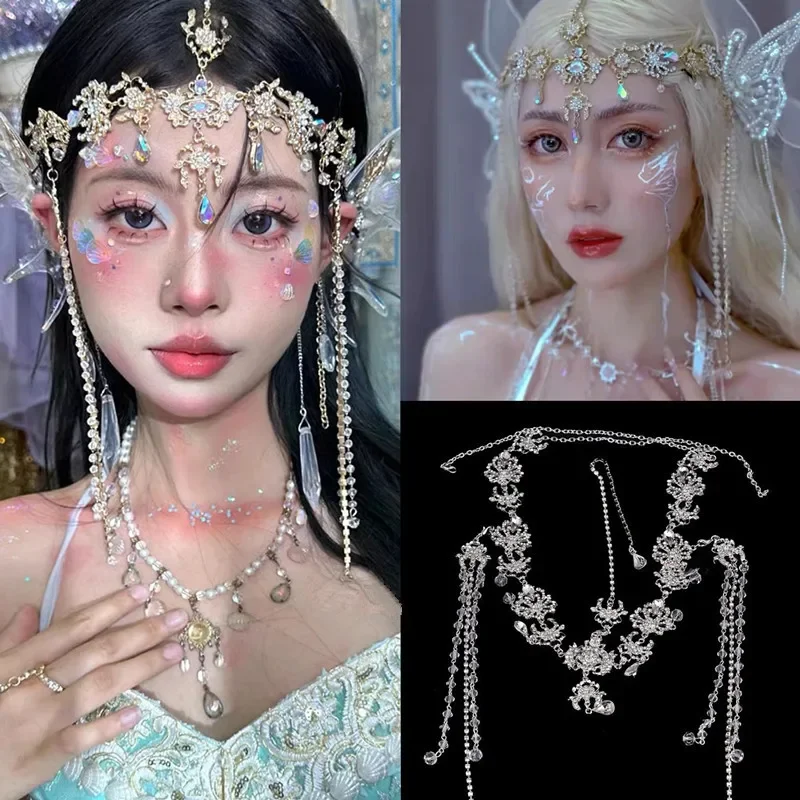 

Halloween Womens Headband Metal Flowers with Crystal Fringe Head Pieces Wedding Party accessories