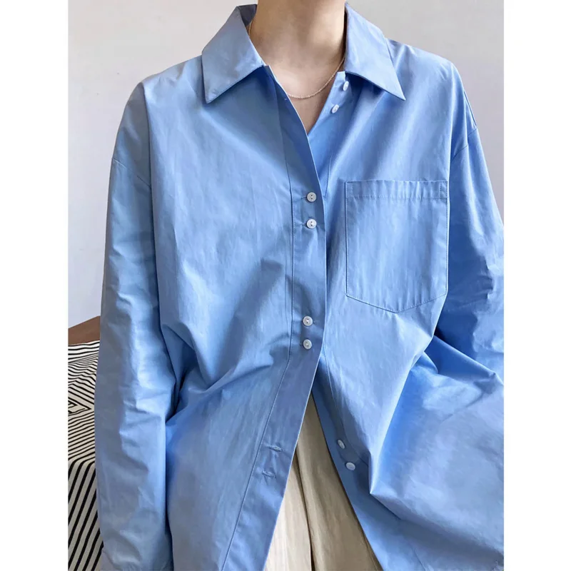 

Casual simple blue oversized shirt blue white slouchy loose silhouette blouse