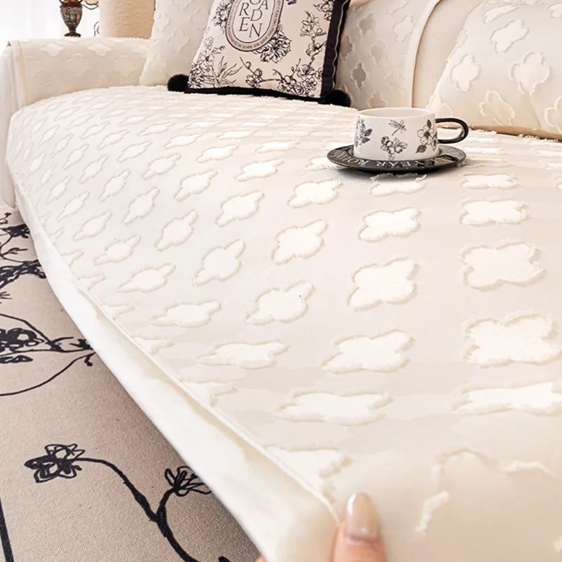 French Lucky Grass Jacquard Sofa Cushion Solid Anti Slip Sofa Dust Cover for All Seasons Soft Chenier Anti-Scratch Cloth Towel