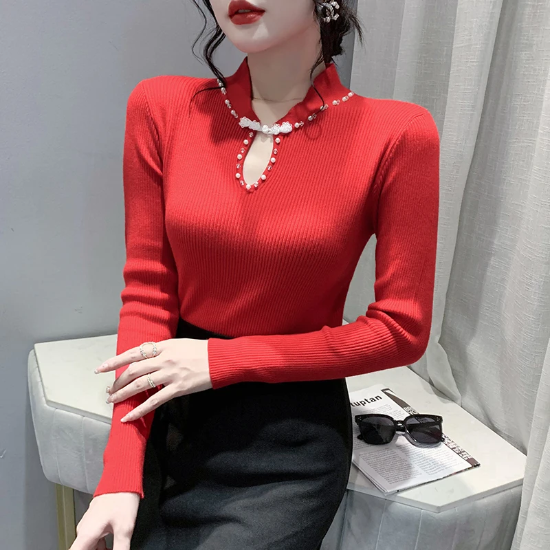 

Fall Winter Knitted Sweater Fashion Sexy Mandarin Collar Beading Women's Long Sleeve 2022 Pullovers Bottoming Shirt Tops 1008