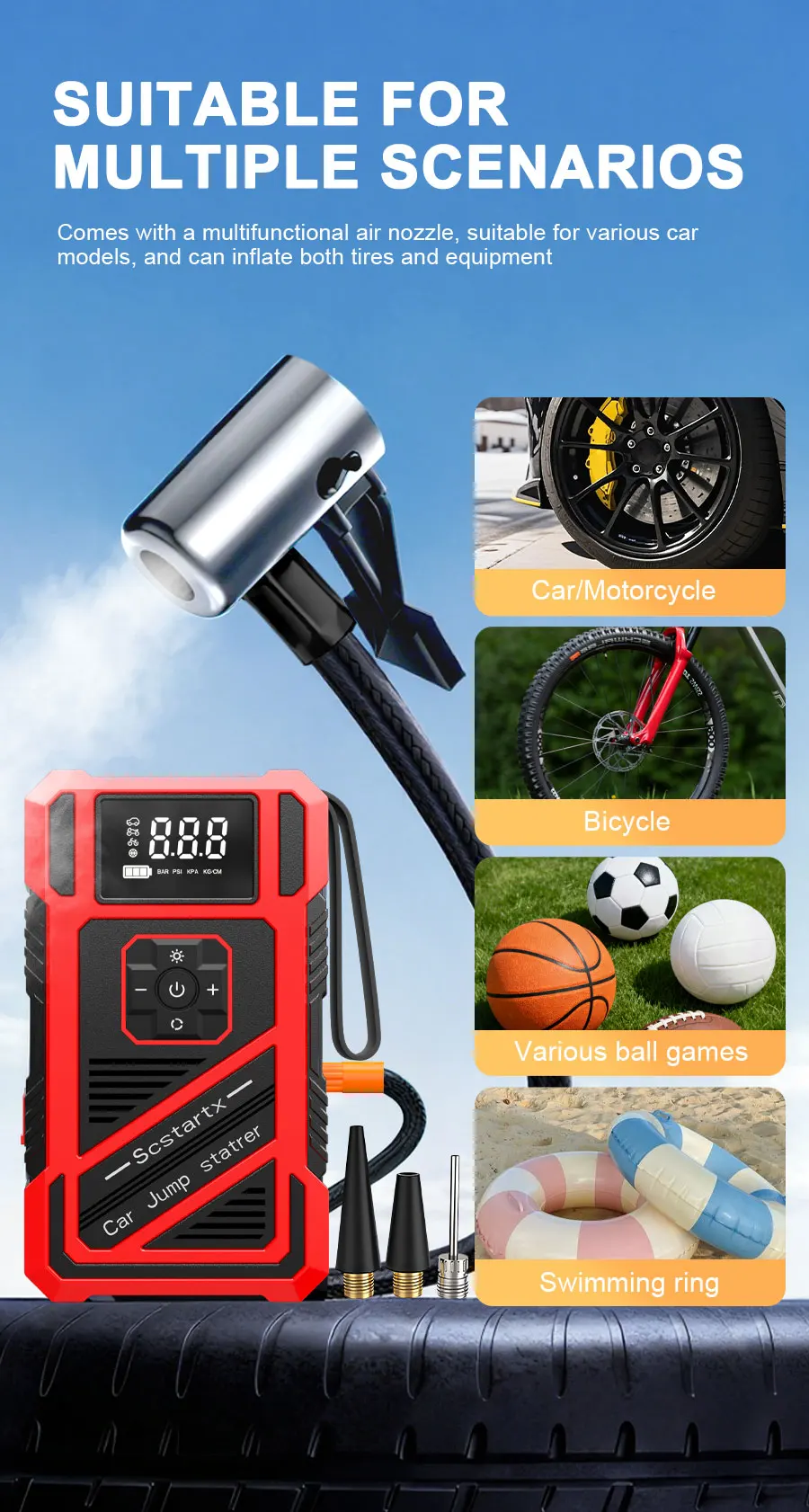1800*4 Batteriebetriebener Tragbarer 4-in-1 Auto-Starter mit 150PSI Luftkompressor, Smart-Inflator, Notfall-Batteriestarter und Luftpumpe – Detail 6