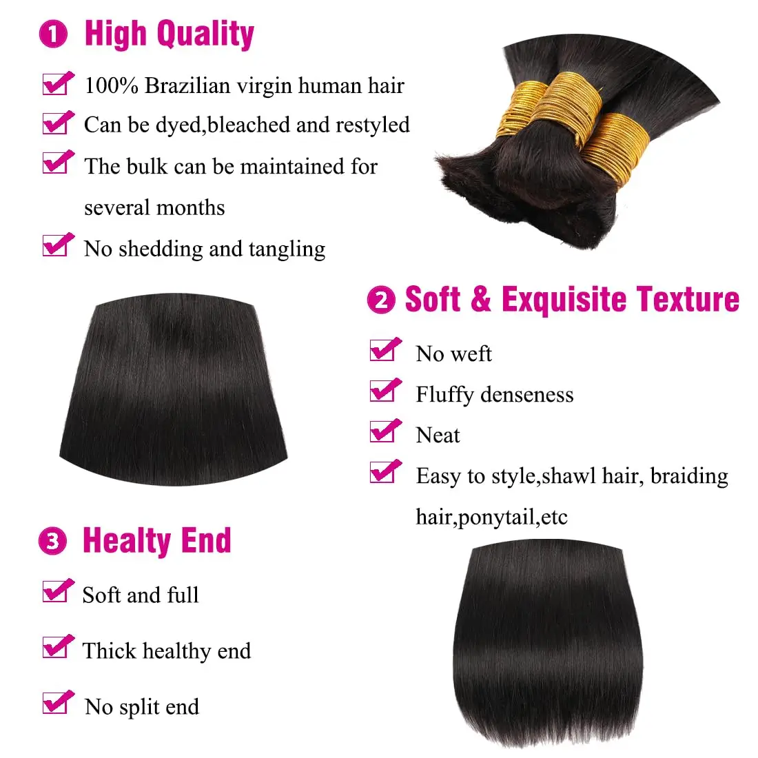 Human Hair Bulk for Braiding Straight Brazilian Virgin Human Hair Bulk no Weft for Braids Straight Bulk Human Hair Natural Black