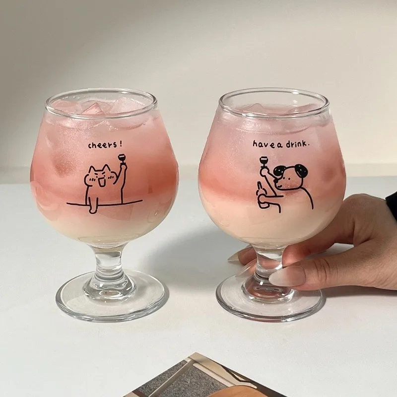Cute Cartoon Cat Dog Pattern Glass Goblet Dessert Cup Fruit Wine Juice Soda Water Glass Home Tableware Tea Cup Household Goods