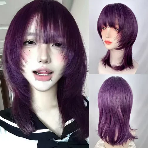 Mullet Head Short Straight Synthetic Purple Women Wig with Bangs Lolita Cosplay Fluffy Heat Resistant Wig for Daily Party