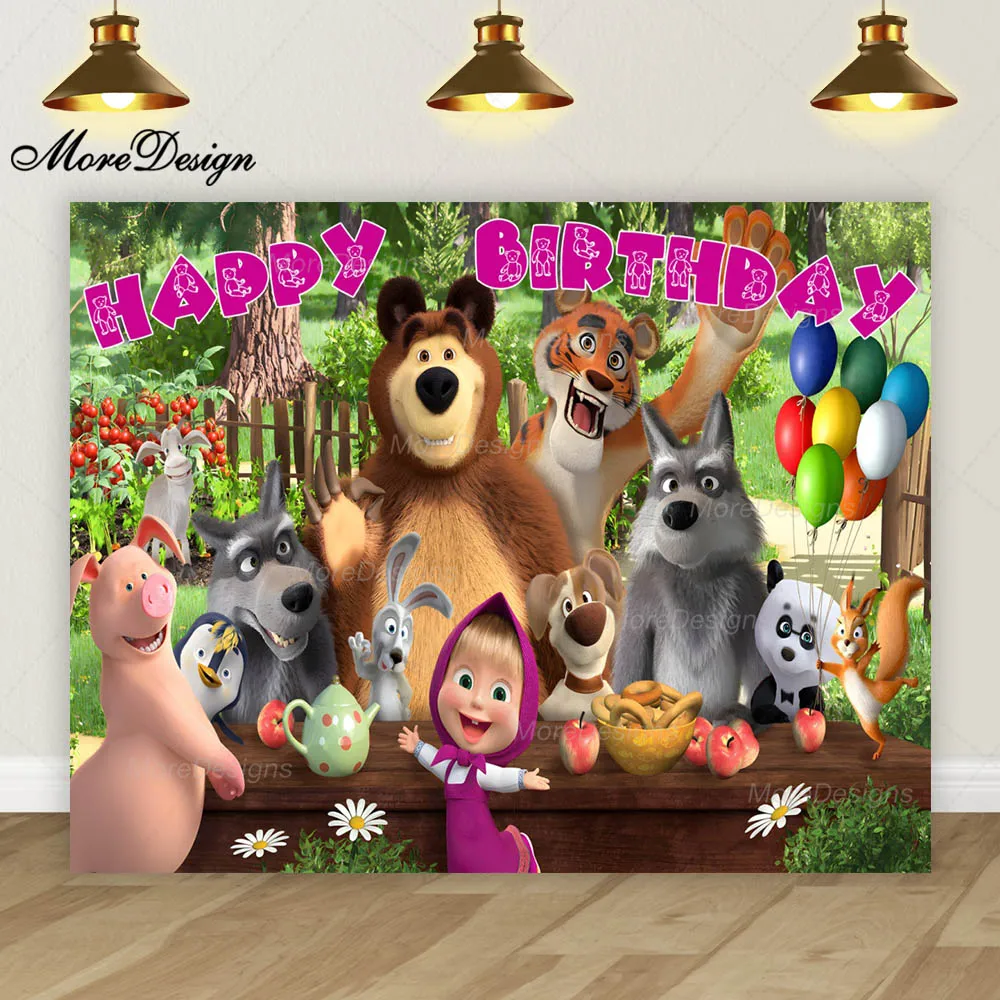 Telón de fondo para fotografía de Masha y el oso, decoración de fiesta de cumpleaños de niños, pancarta de fondo de tela de poliéster de vinilo de animales lindos de dibujos animados