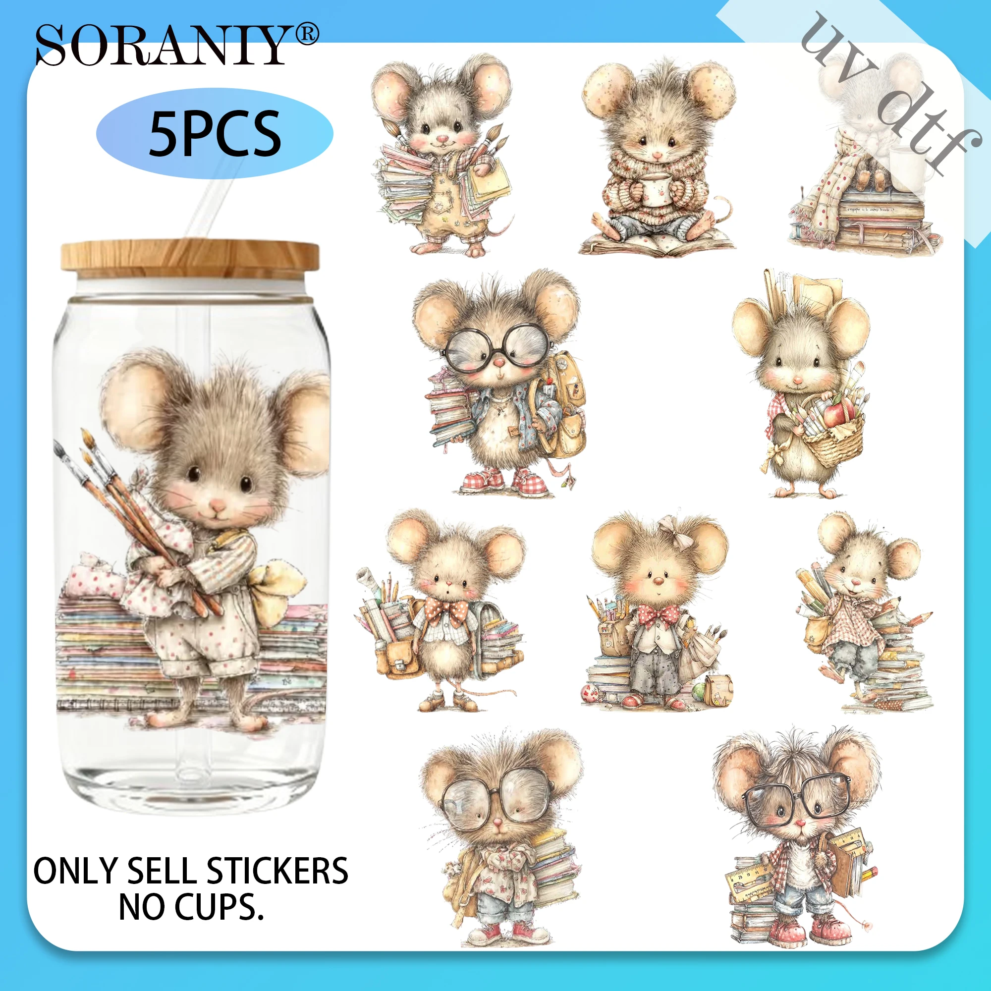 Autocollants de transfert UV DTF 16OZ DIY - 5 pièces/ensemble Thème Rentrée scolaire, Souris, Vie de camping