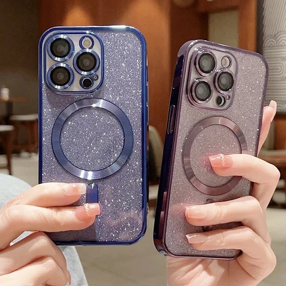 

Electroplate With Lens Protector Case For iPhone 15 14 13 12 11 16 Pro Max Plus For Magsafe Wireless Charge Bumper Glitter Cover