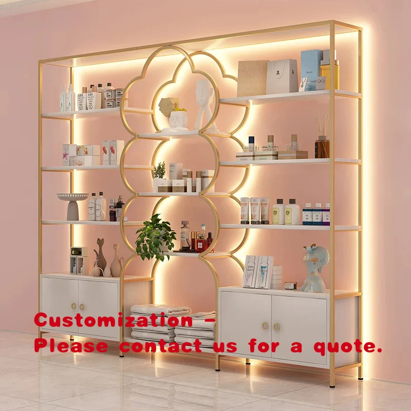 custom.Custom Retail Cosmetic Store Display Shelves Multi -layer Shiny Gold Beauty Salon Display Rack Perfume Display Stand