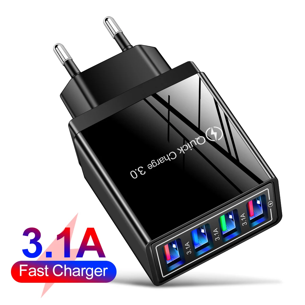 

4U Quick Charge 3.0 USB Charger for iPhone Samsung Huawei Xiaomi Android 4-Ports Mobile Phone Universal Fast Charge Wall Adapter