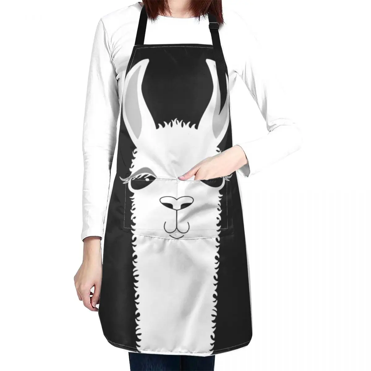 LLAMA PORTRAIT ON CLASSIC BLACK Apron Cute Kitchen Accessories men Apron