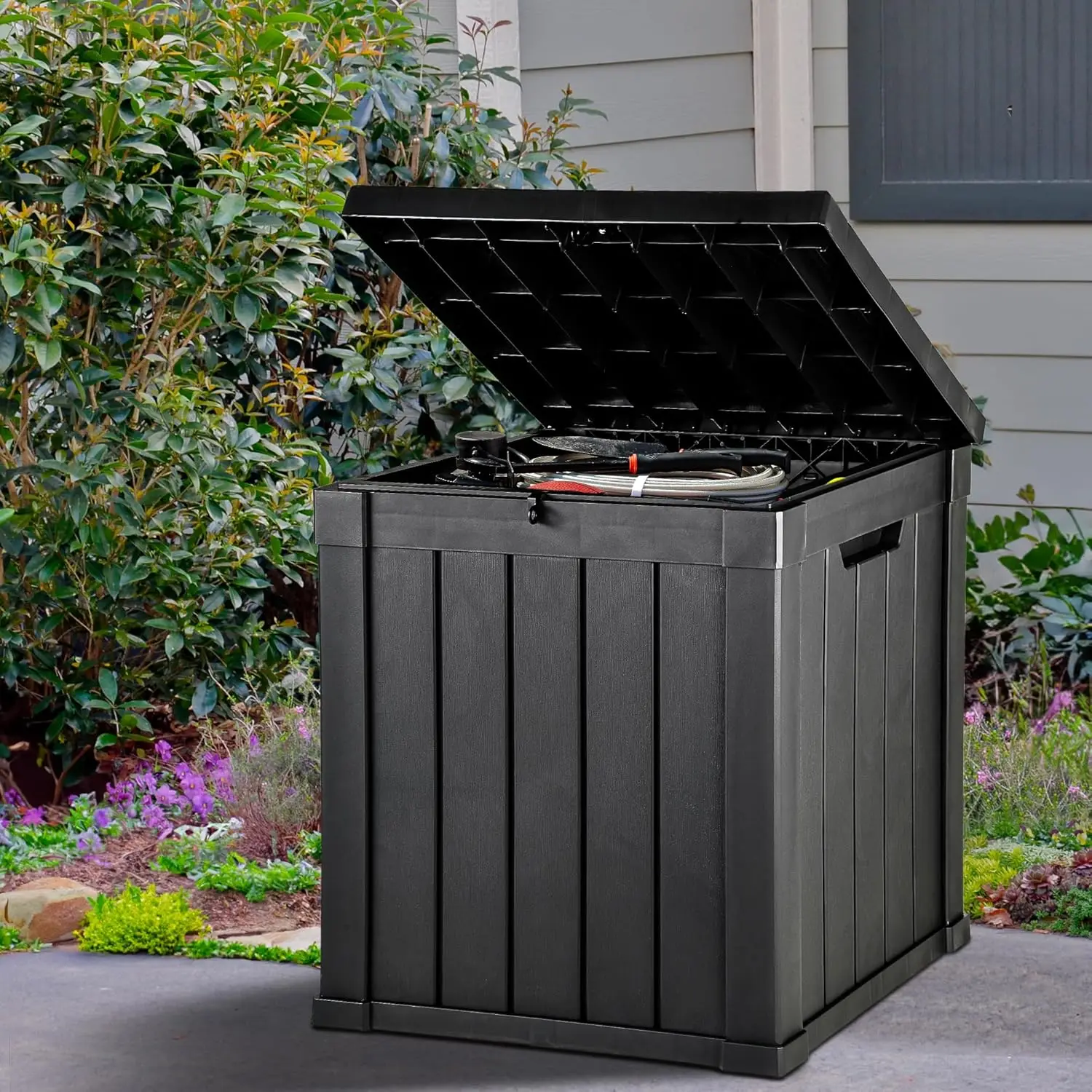 

51 Gallon Outdoor Storage Deck Box, Waterproof Resin with Lockable Lid for Patio Cushions, Garden Tools, Black
