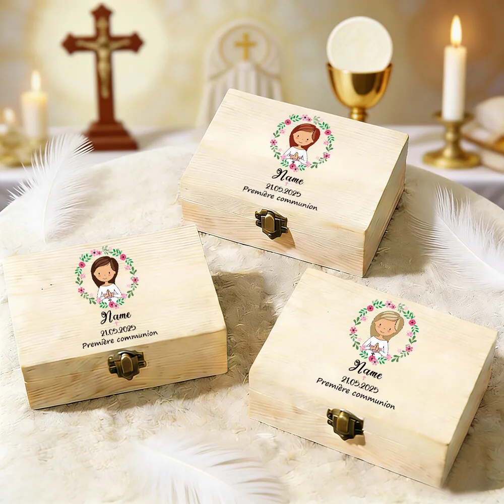 

Персонализированная деревянная коробка для подарков на первое причастие, католический религиозный подарок, подарок на первое причастие, подарок на крещение, коробка для первого причастия