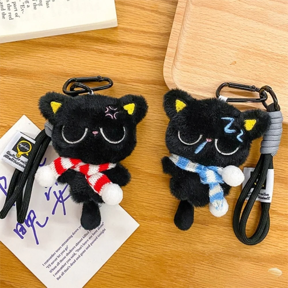 Porte-clés chat noir endormi mignon, écharpe à rayures douces, pendentif de sac de voiture, décoration de sac d'école