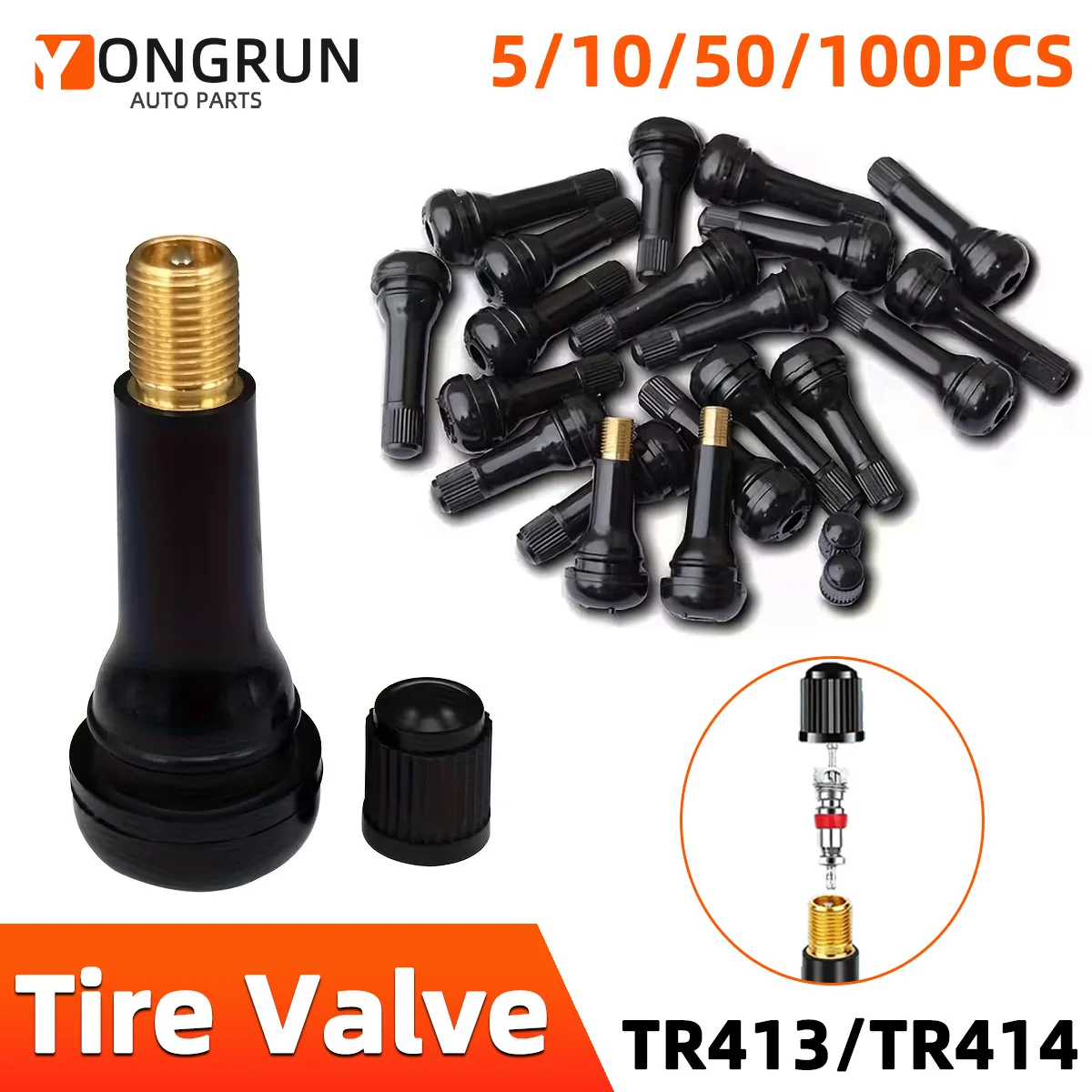 

YONGRUN 4/10/50/100 шт. автомобильные вентили TR413/TR414 для бескамерных шин, вакуумные вентили, черные резиновые вентили