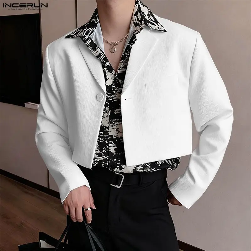 

INCERUN Men Blazer Solid Color Lapel Long Sleeve One Button Casual Male Suit Streetwear Fashion Leisure Crop Coats Men Blazer