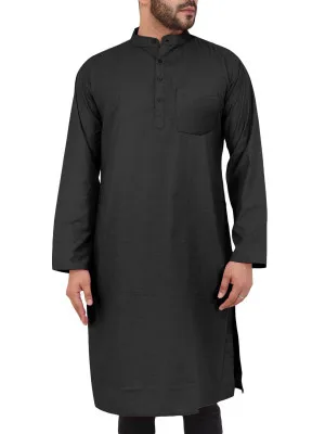 2024 jubah Kaftan pria Muslim jubah Linen lengan panjang Thob kemeja tunik panjang kancing terpisah sisi bawah pakaian Islami