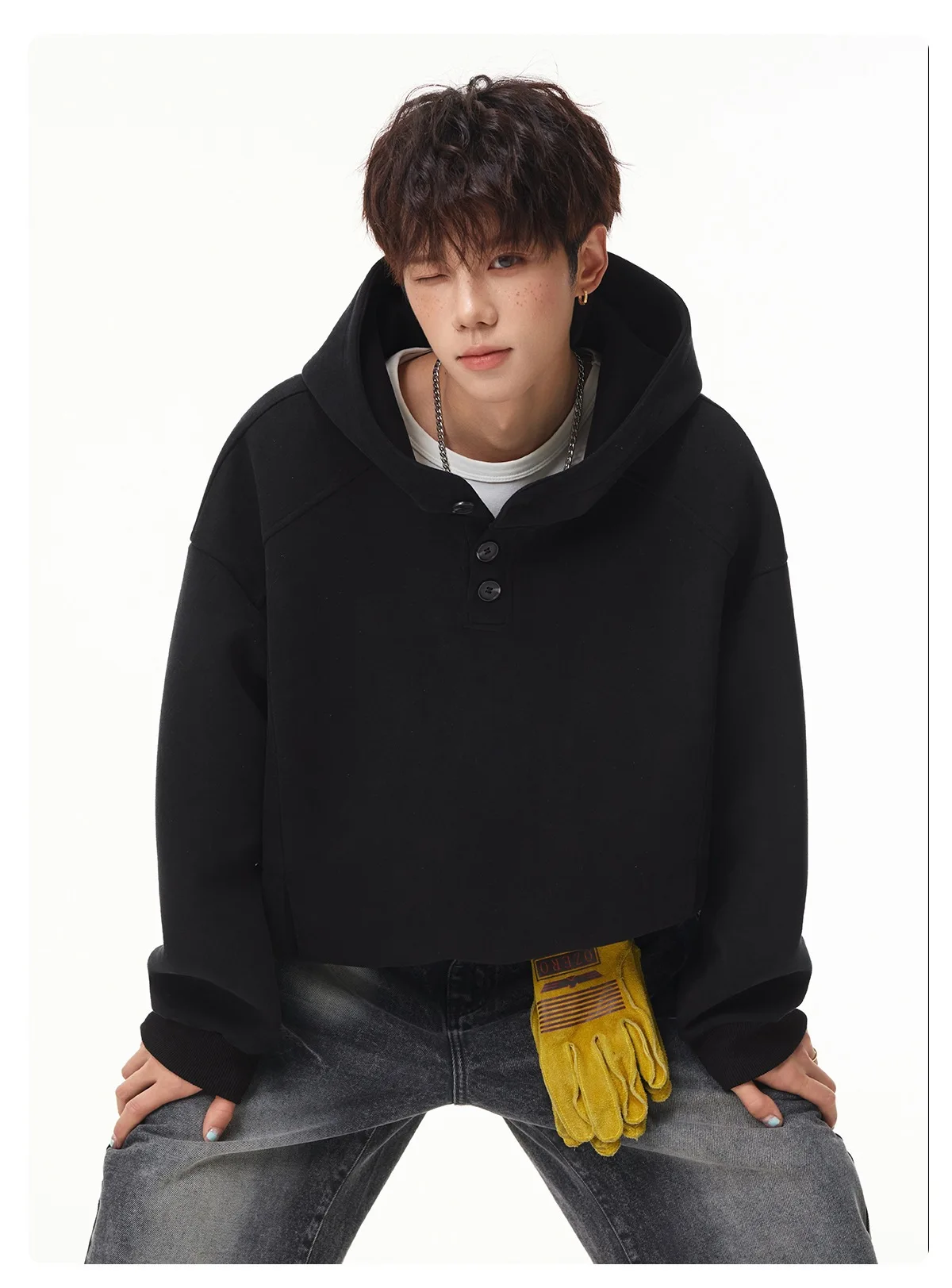 Autumn Winter New Button Half High Neck Hoodie for Men Korean Fashion Harajuku Simple Solid Men's Casual Loose Hooded Sweatshirt