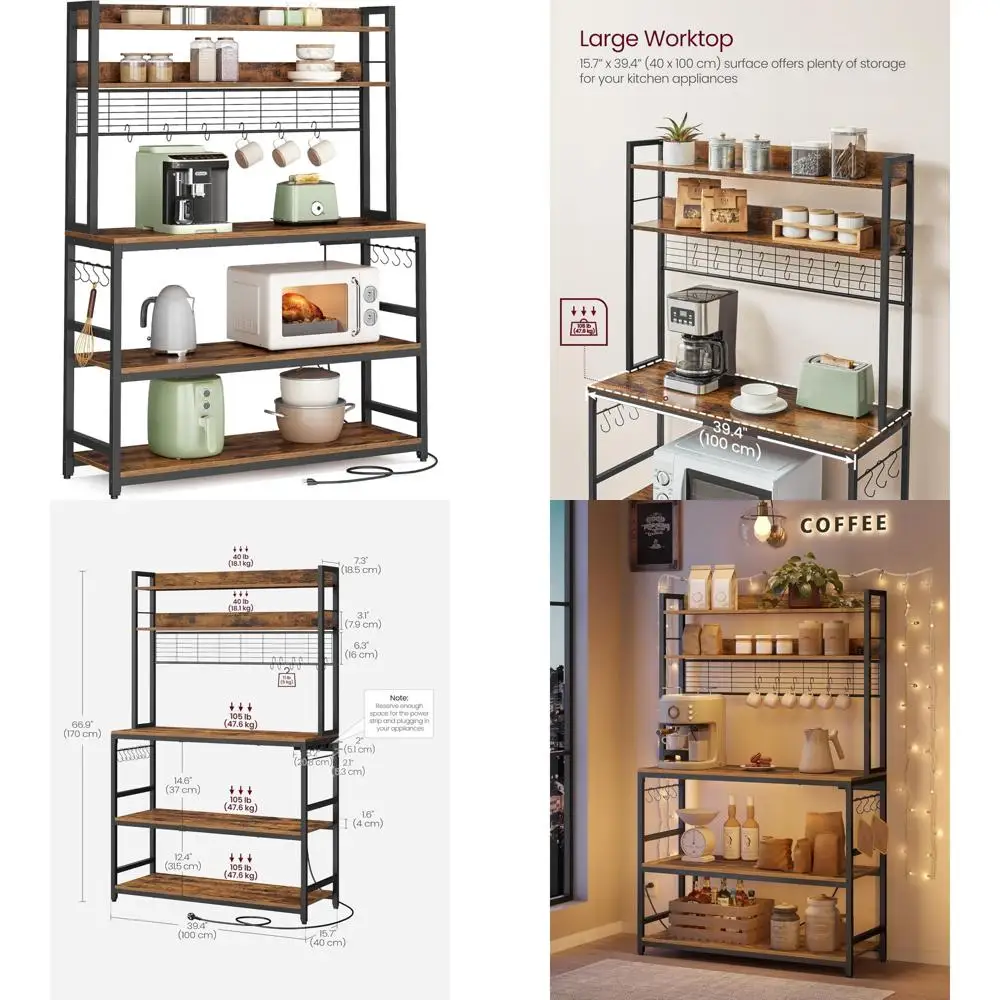 

Microwave Stand with Power Outlet and 14 Hooks, Adjustable Coffee Bar, Metal Wire Panel, Kitchen Storage Hutch Bakers Rack