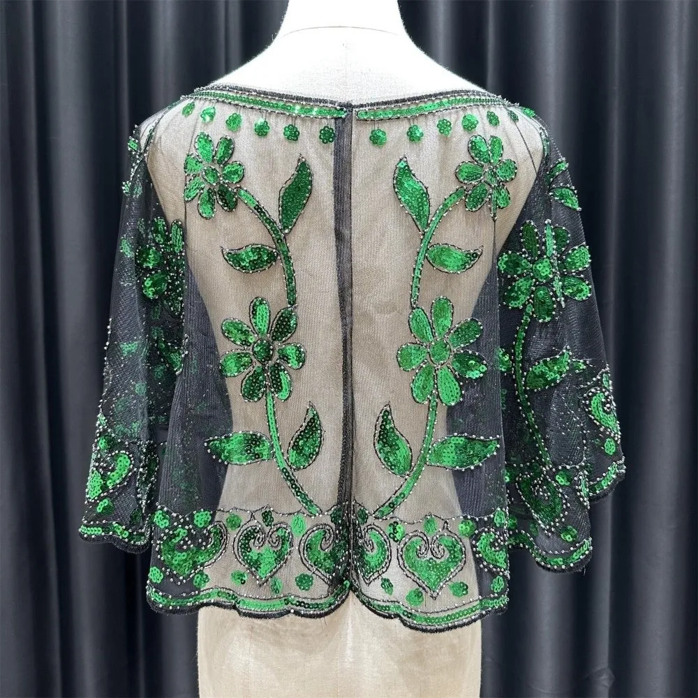 

New 1920s Shoulder Shawl Sparkling Floral Sequin Cowl Neck Coat Breathable Fabric Short Length Flapper Shawl Women