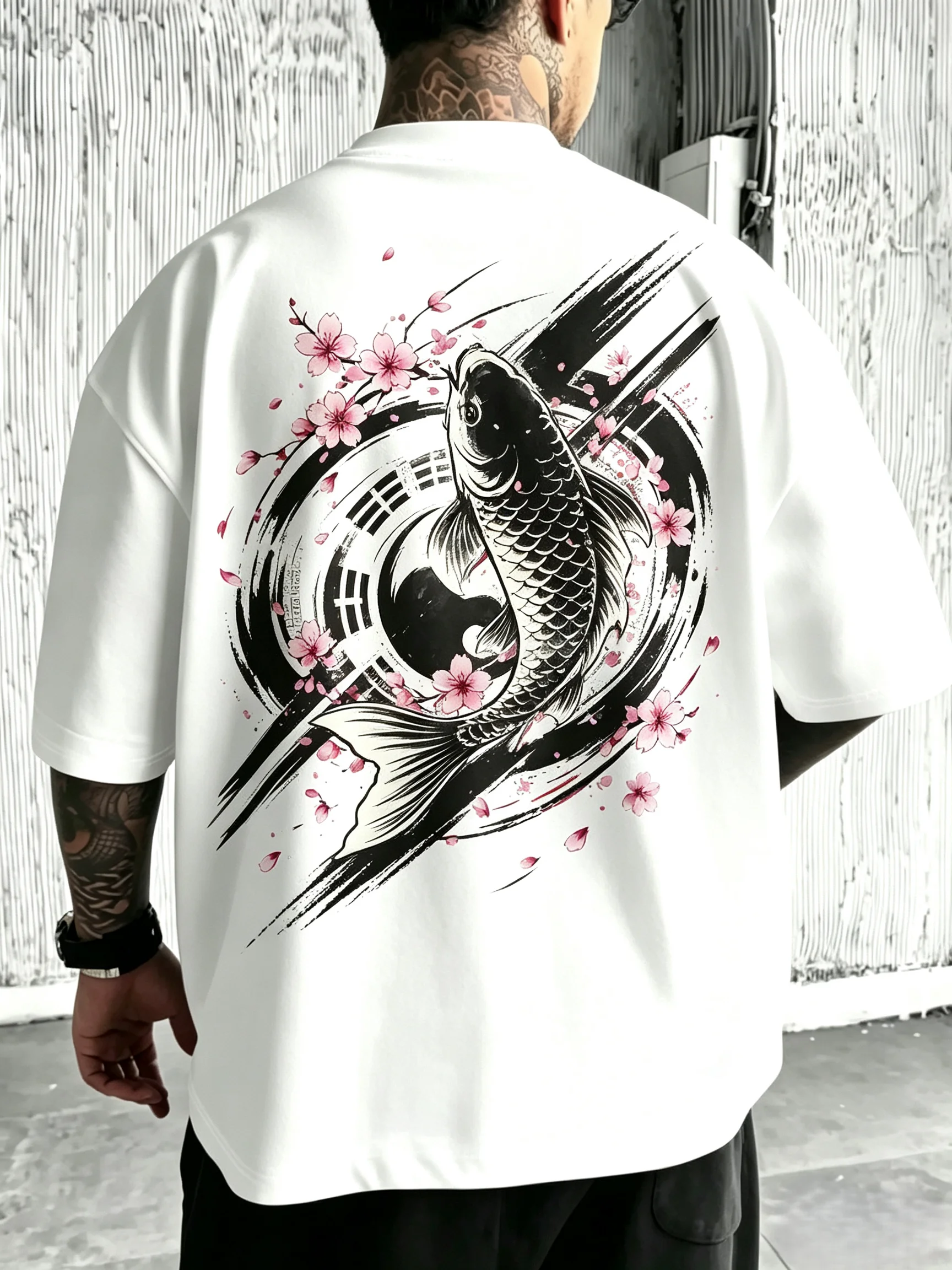 Camiseta Unisex de Talla Grande con Estampado de Pez Koi, Bagua, Tai Chi, Círculo de Tinta Salpicada y Flor de Cerezo Sakura en la Espalda, Estilo Hip Hop Streetwear, Manga Corta para Hombres y Mujeres