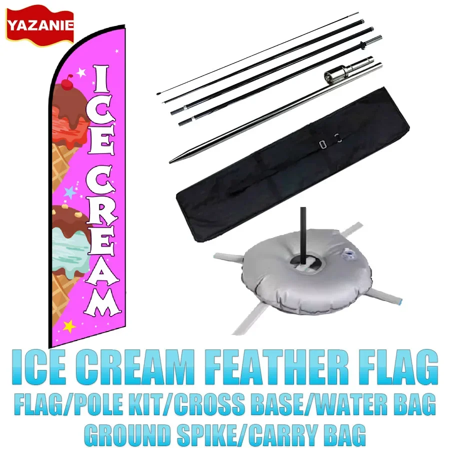 Ice Cream Feather Flags Bundle 8FT/11FT Single Double Sided Swooper Windless Beach Flag with Flag Pole & Ground Spike Cross Base