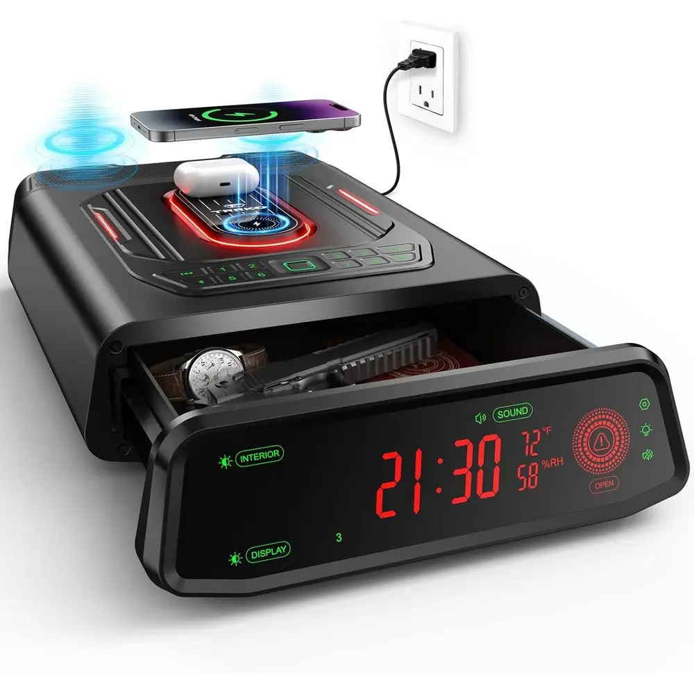 

Биометрический сейф со встроенным динамиком, быстрым доступом по отпечатку пальца, беспроводной зарядкой, функцией автоматического открытия, вмещает 2 пистолета, идеально подходит для