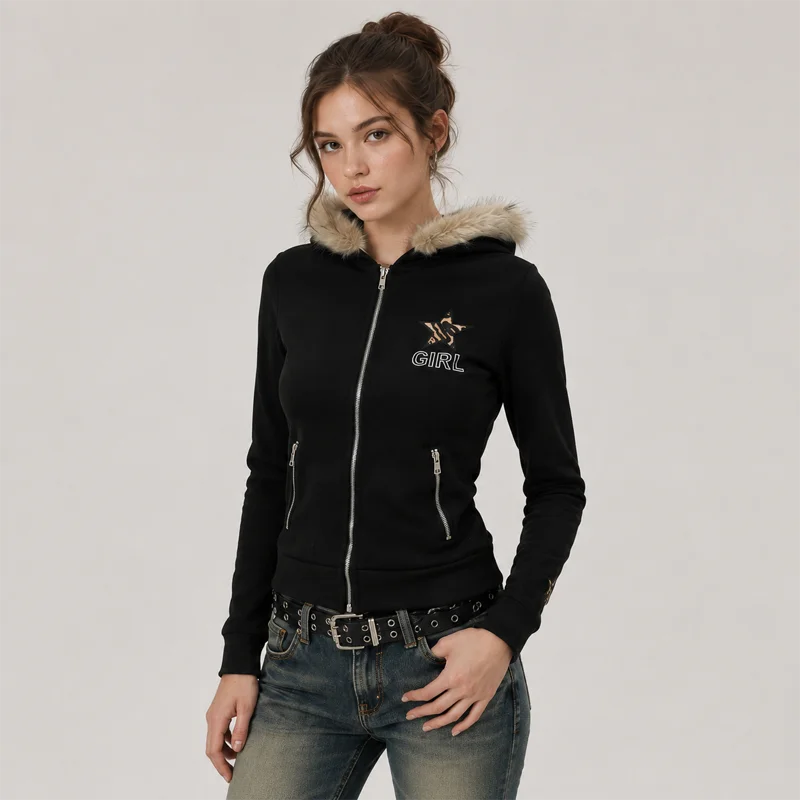 Women Slim Fit Zip Hoodie Faux Fur Collar Sweatshirt Y2K Fashion Streetwear Casual Long Sleeve Hooded Jacket