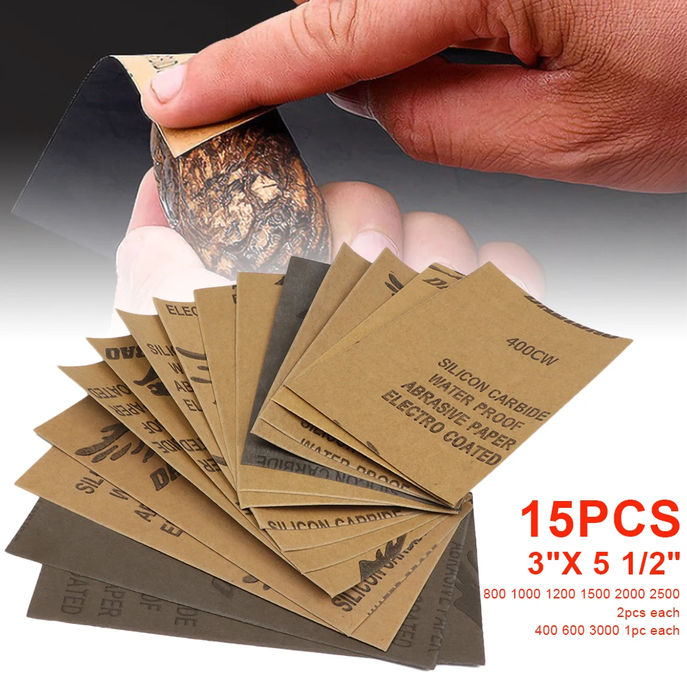 15pcs Sandpaper Set 400 600 3000 800 1000 1200 1500 2000 2500 Grit Sanding Paper Wet/Dry Abrasive Metal Glass Car Polishing