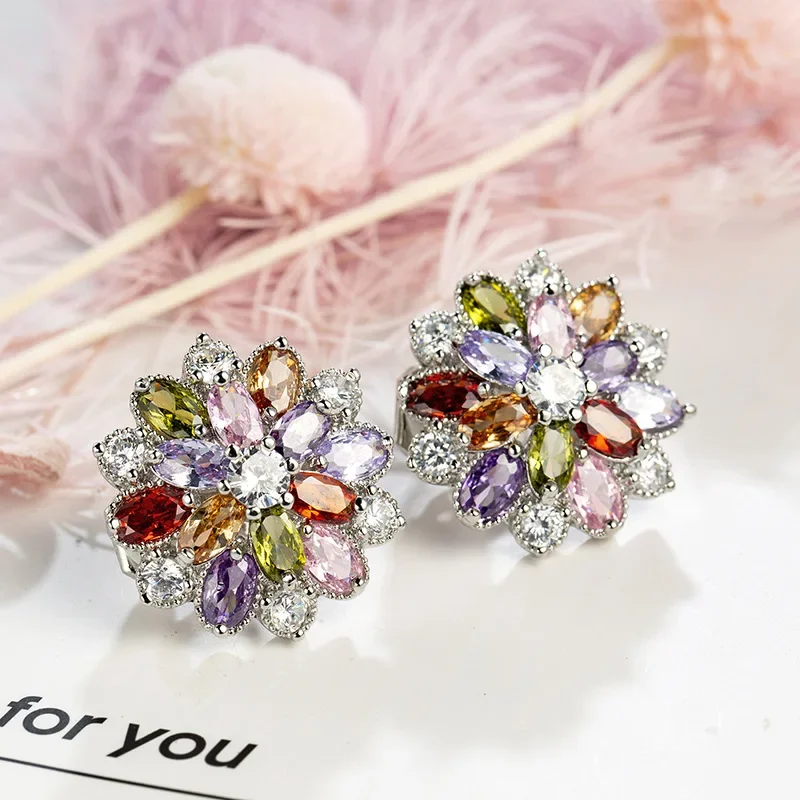 SODROV Luxury Rainbow Jewelry Colorful Crystal Zircon Earrings for Women Clip Earrings Without Ear Hole