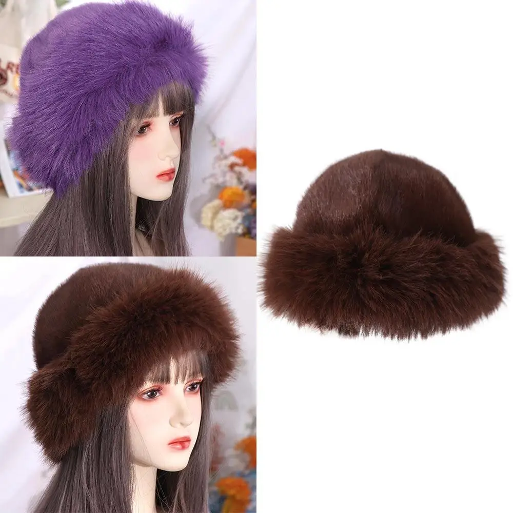 

Trendy Korean Faux Fur Bucket Hat Thicken Warm Luxury Plush Hat Outdoor Snowy Day Winter Fluffy Hats Girls
