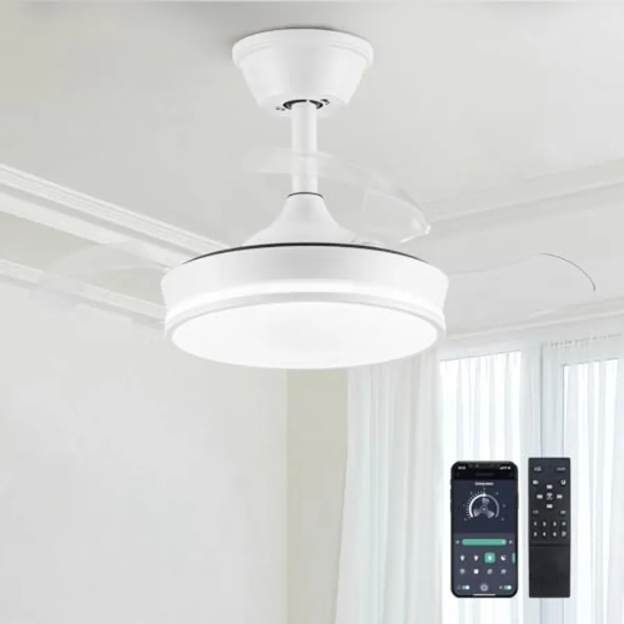 

30" Retractable Ceiling Fans with Lights, Dimmable LED Ceiling Fan Remote Control, Modern Small Fan Light for Bedroom Living Ro