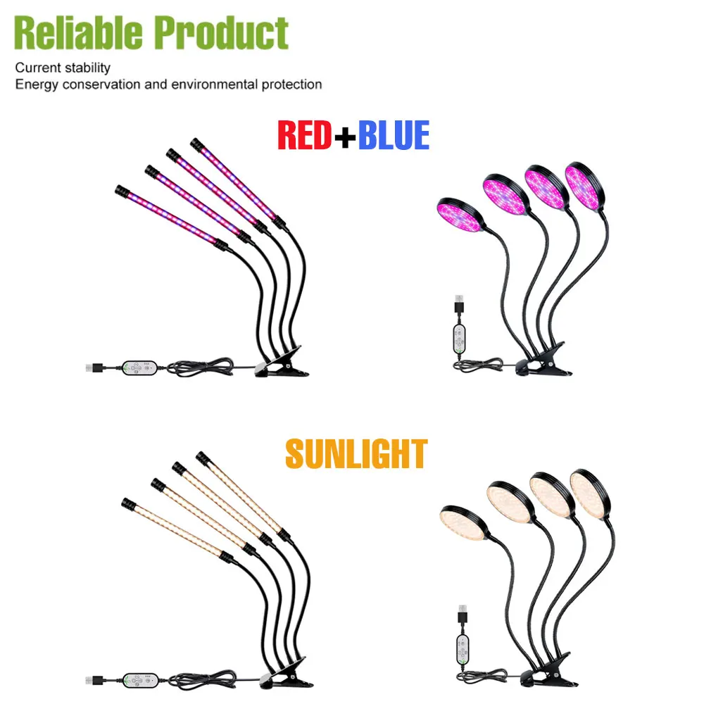 USB 5 فولت LED تنمو ضوء الطيف الكامل النبات الزراعة المائية زراعة مصباح 1/2/3/4 رؤساء مقاوم للماء عكس الضوء مع توقيت السيارات تشغيل/إيقاف