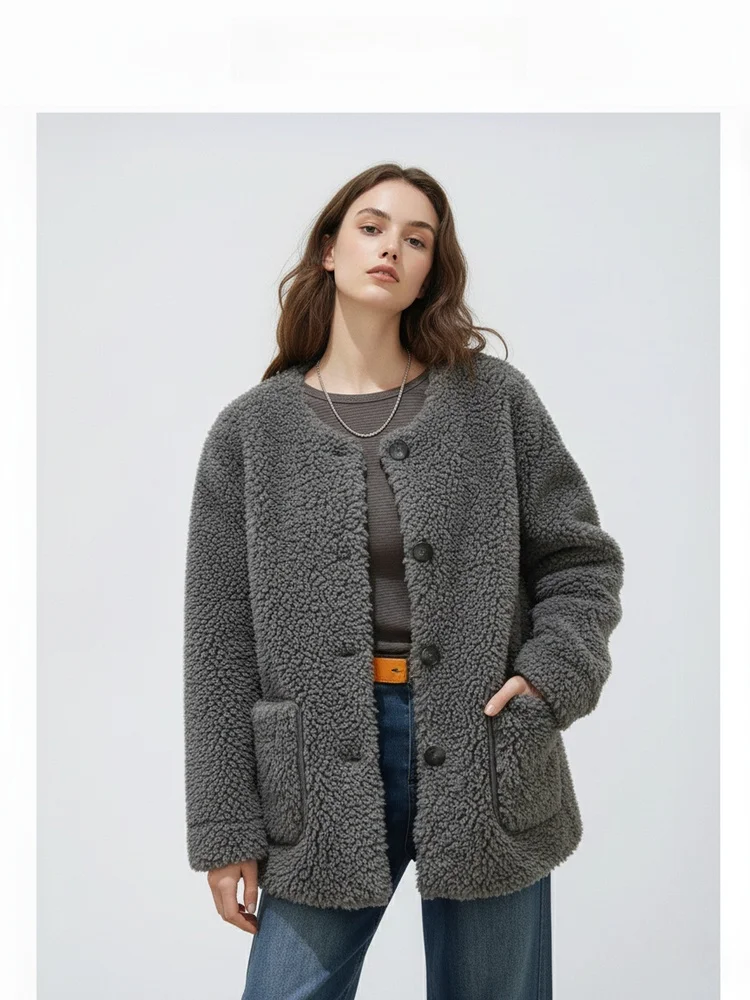 

Женский кардиган Laoqianfeng из овечьей шерсти, повседневный, свободный, с круглым вырезом, пушистый, осенне-зимний, легкий в уходе