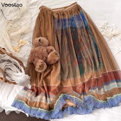 Sweet Midi Skirt Women Elegant Vintage Oil Painting Print Lace Ruffles Mesh Long Skirts Female Casual Chic Party Skirt Autumn