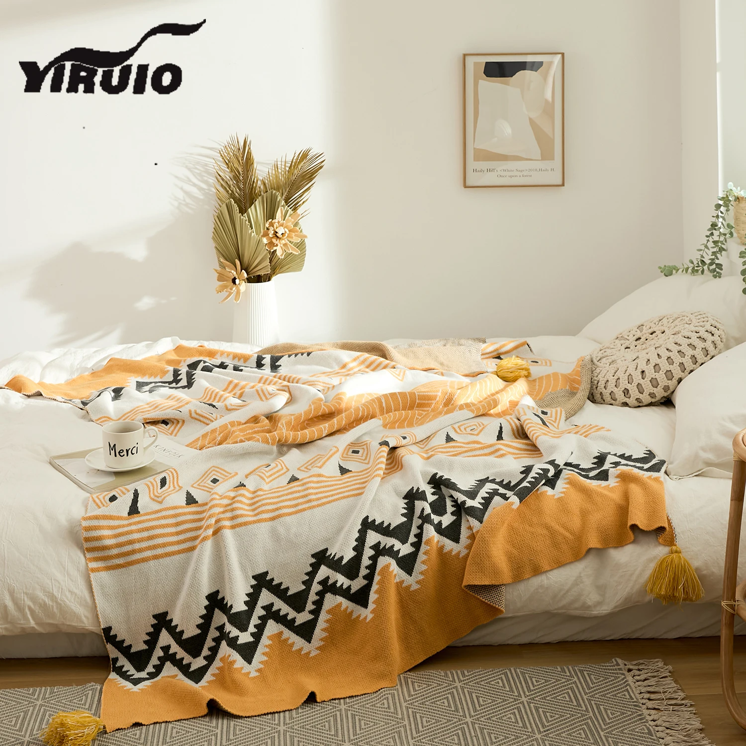 

YIRUIO Luxury Brand Design Boho Blanket Living Room Decor Geometrical Pattern Texture Tapestry Blanket Soft Warm Cotton Blankets