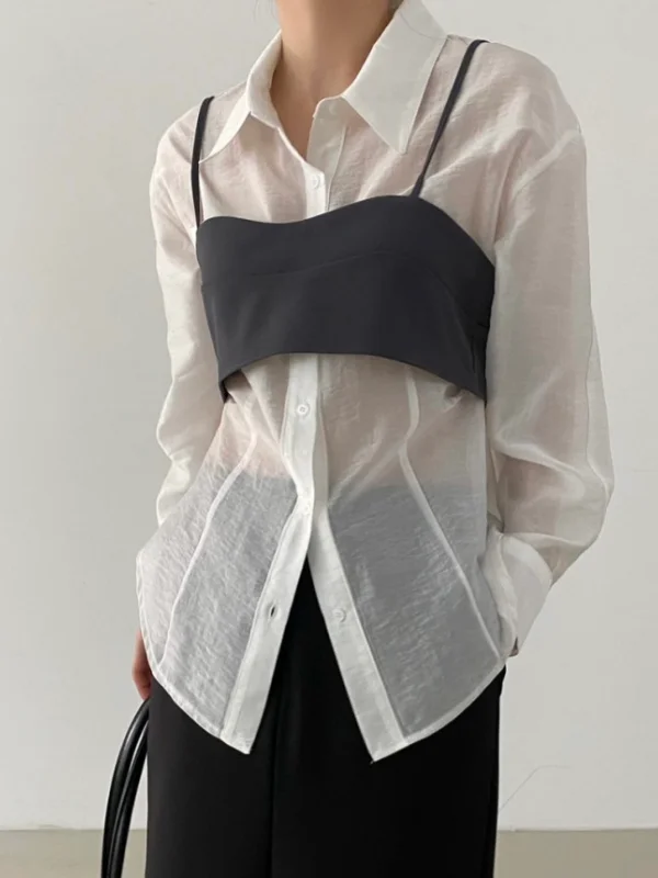 Fashionable Long Sleeve Micro See through Single Button Shirt And Tube Top Two Piece Set Versatile Camisole Strap Vest Ensemble
