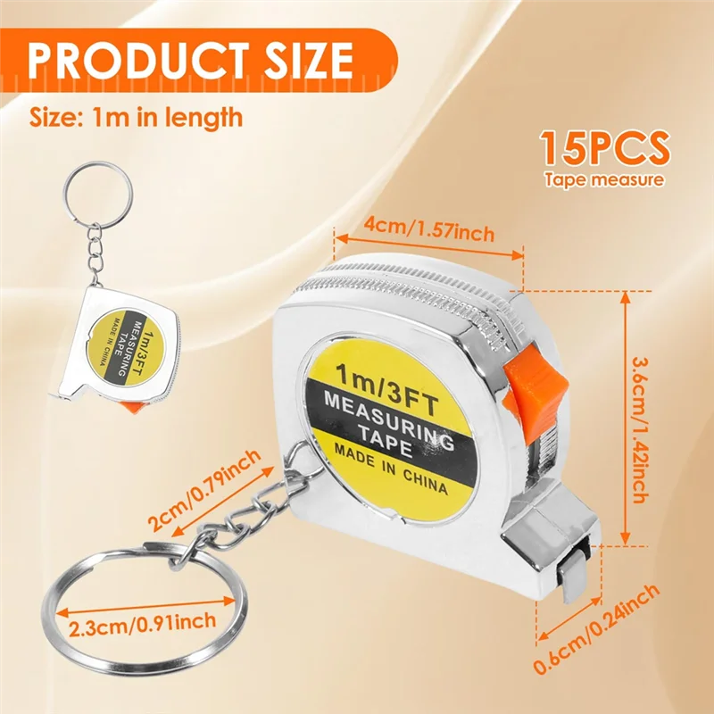 -A90P 15 Pcs Mini Tape Measure, Retractable Keychain Tape Measurement 1 M/3 FT Inch/Metric Scale Small Flexible Measuring Tape