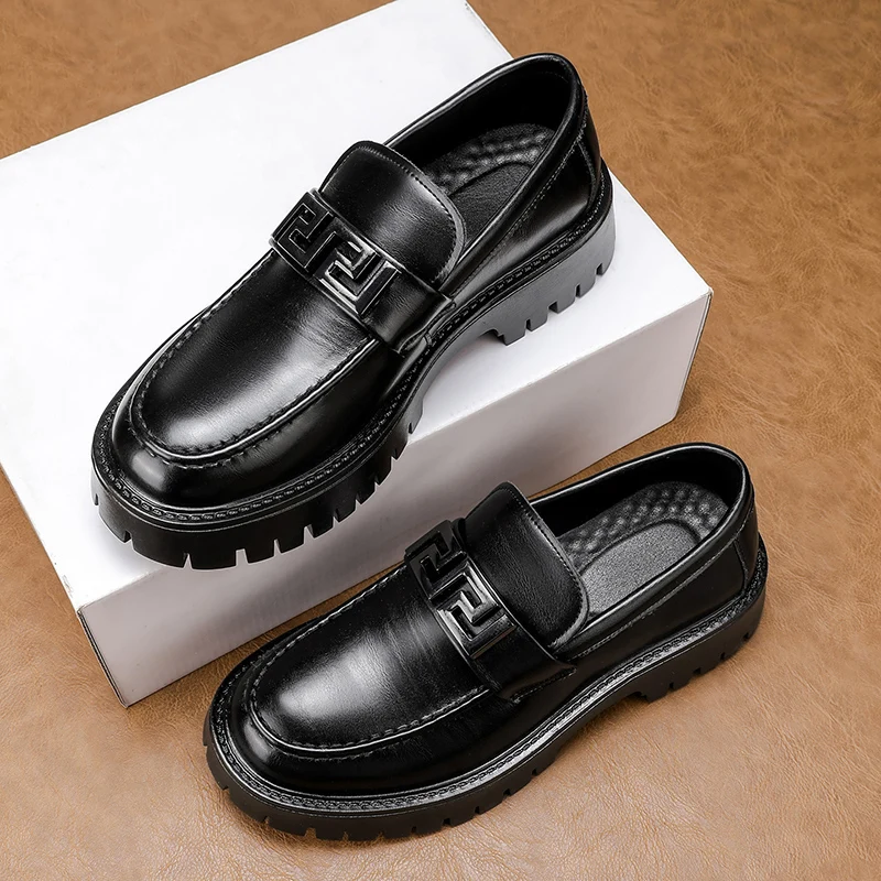 

New Spring Autumn Fashion Slip-on Thick Sole Leather Male Loafers Designer British Style Retro Men's Dress Shoes Moccasins