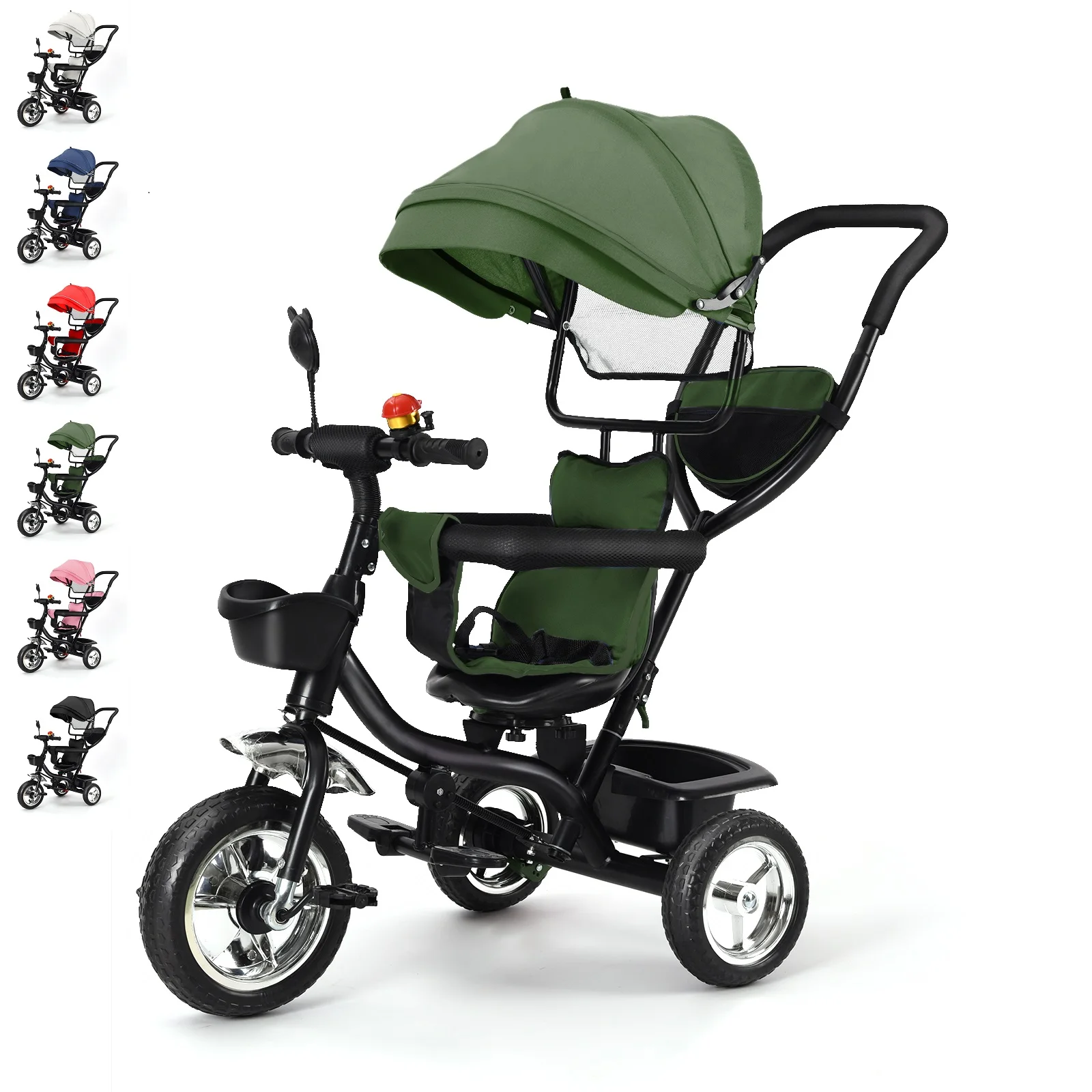 Baby-Dreirad, skalierbar, für 1 bis 5 Jahre, Fahrrad für Senioren und Kinder, umkehrbarer Sitz, großer Korb und Tasche, größere Räder, mit Schiebegriff, grün/rosa/schwarz/rot/blau/grau