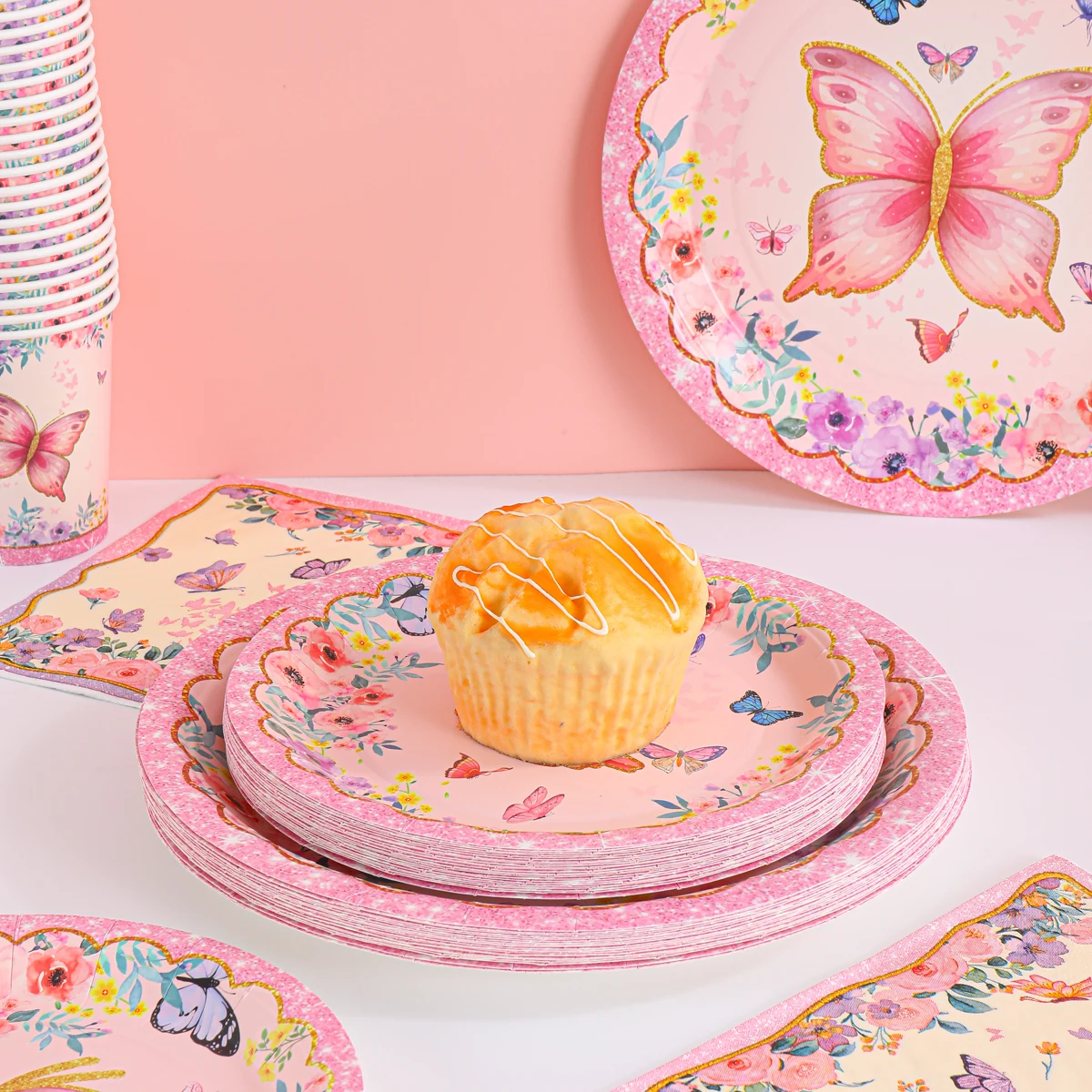 Butterfly Party Paper Plate Cups Napkins Birthday Disposable Tableware Set for Baby Shower Party Supplies Butterfly Party Decor - view 3