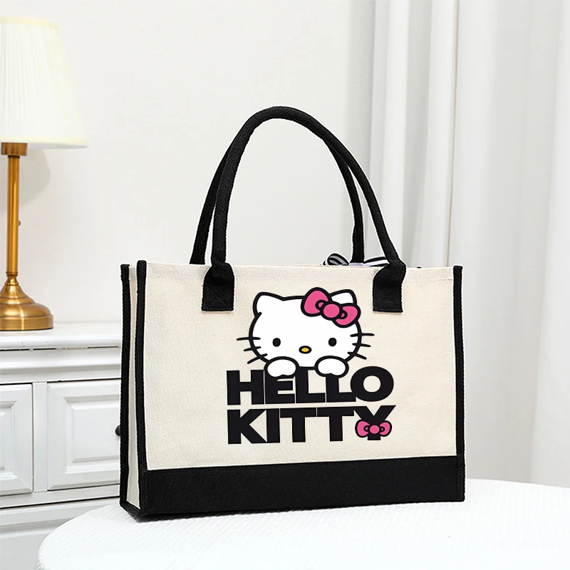 Hello Kitty Canvas Tote Bags Anime Sanrio borse a secchiello da donna borsa a tracolla quadrata di grande capacità ragazze Kawaii Storage Bag Gift