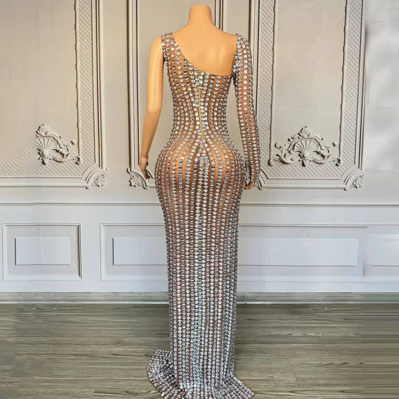 Sukienki damskie na imprezę, uroczystość, z jednym rękawem, pełne cyrkonie, stroje festiwalowe, kostium do tańca jazzowego, strój sceniczny XS9968