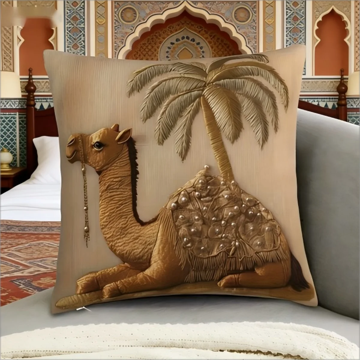 Boho Camel Palm Tree Pillow Cover Faux Embroidery Print Moroccan Desert Cushion Case for Sofa Bed Couch Ethnic Home Decor Camel
