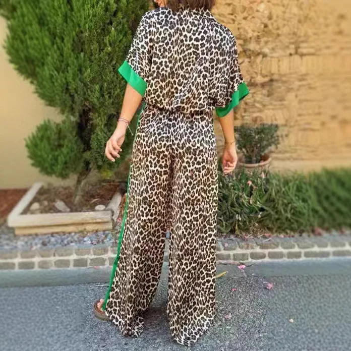 Casual Leopard Print Suit For Women Spring Fashion Contrasting Patchwork Half Sleeved Shirt Elastic Waist Trousers 2 Piece Set